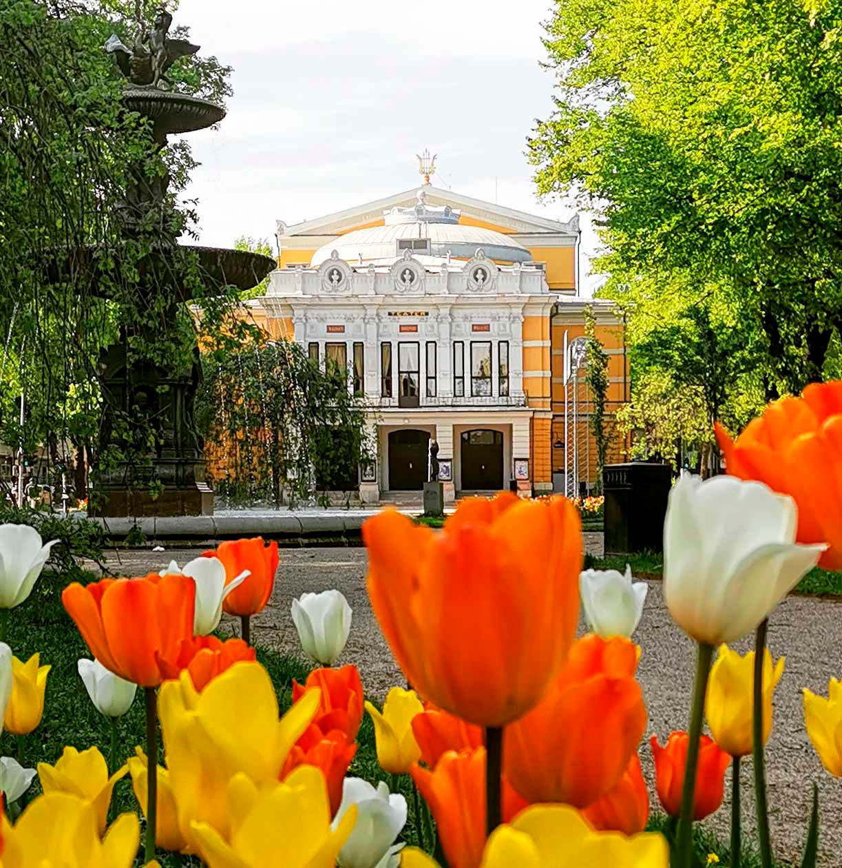Bild av Gävle Teater med tulipaner